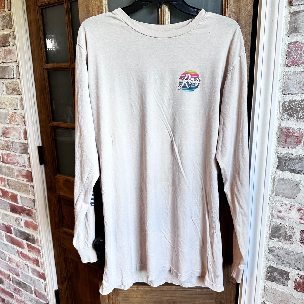 Roxy L/S Tee Women XL Beige We Be Surfin‎ Graphic Surf Skate Cotton Shirt Flaws